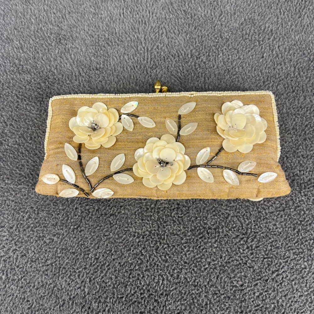 Vintage Moyna Clutch Bag Gold Floral Beaded Shell Evening Wedding Formal Bag